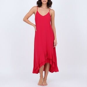 CottonWays Red Asymmetrical Ruffle Midi Dress Spaghetti Strap Size 2